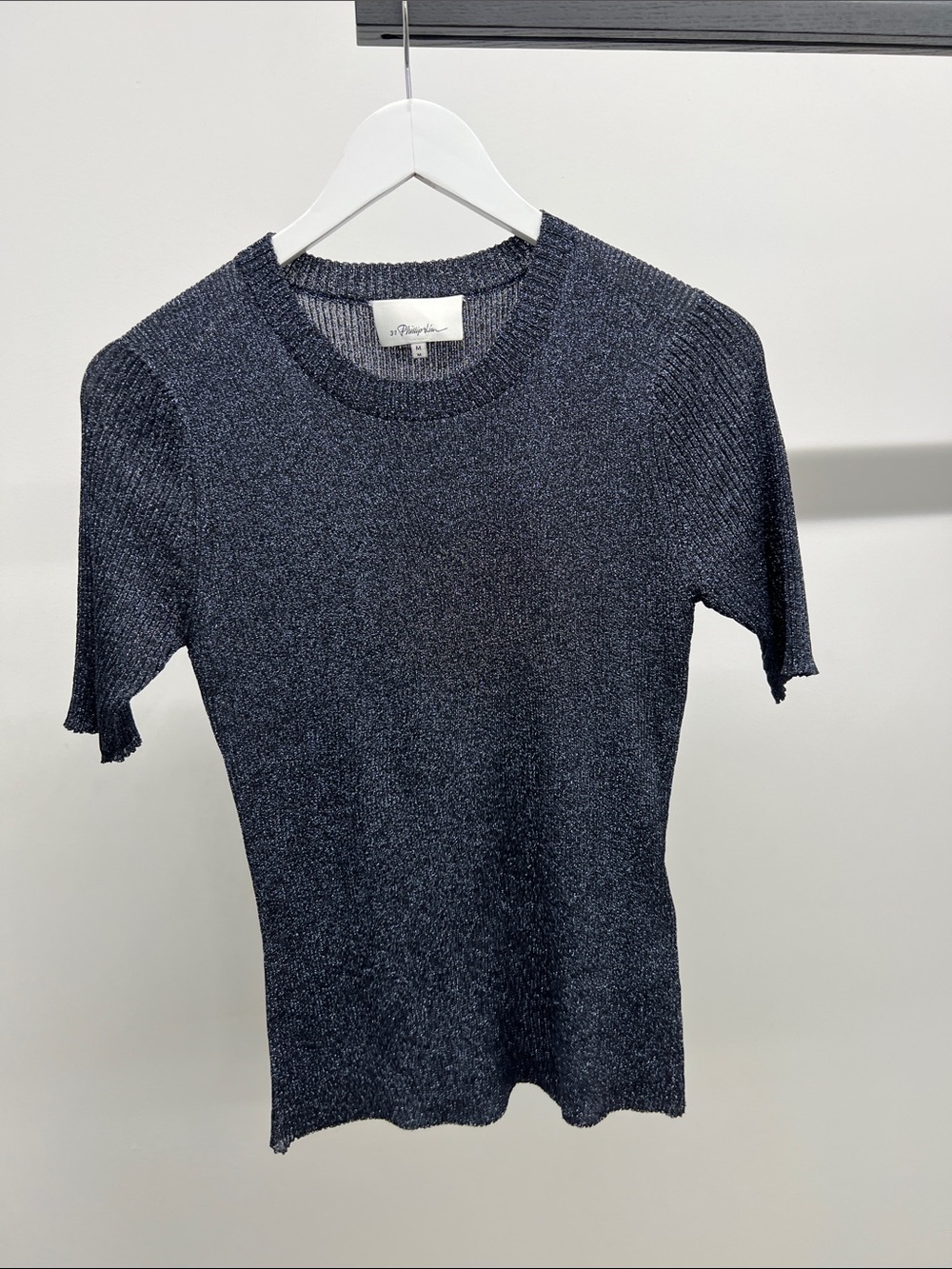 3.1 Phillip Lim Metallic Navy Short Sleeve Knit Top